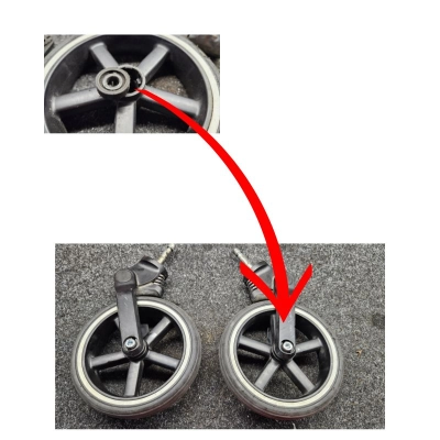Naprawa kółka Cybex Balios S - montaż łożysk i osi skręcanej - 1 kółko przednie