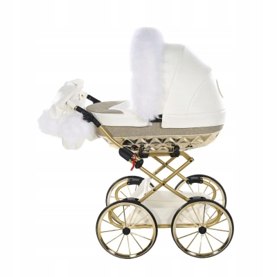 Wózek dla lalek Junama Hand Craft Glitter 02 biało-złoty, duże kółka, 3-8l.