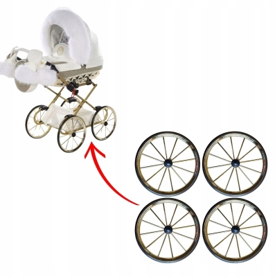 Kółka do wózka lalkowego retro JUNAMA 26cm, na oś 8mm - 4szt, ZŁOTO-CZARNE