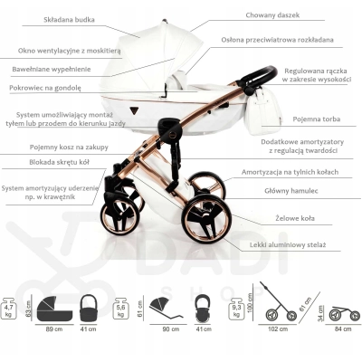 Junama Fluo Individual V3 Wózek 2w1 Głęboko spacerowy Biały + STELAŻ Złoto