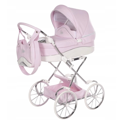 Wózek dla Lalek Gondola RETRO - JUNAMA Lulla Różowy 01 rączka do 90 cm