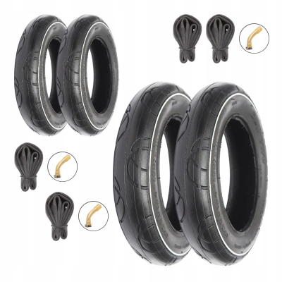 Zestaw opon i dętek do wózka 12+10 cali | biała linia | gięty zawór